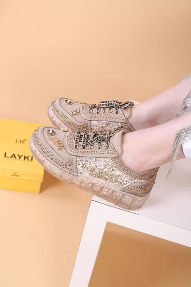 Astra Taşlı Desenli Şeffaf Taban Bej Renkli Kadın Sneaker - 3