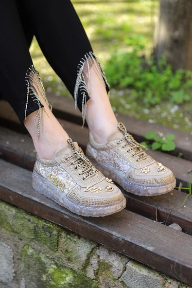 Astra Taşlı Desenli Şeffaf Taban Bej Renkli Kadın Sneaker - 8