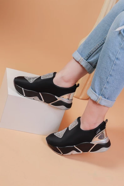 İmmobile Gümüş Renkli Önü Parlak Taşlı Paraşüt Kumaş Lux Kadın Spor Ayakkabı - 3