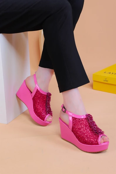 Bross Fuşya Renk Taşlı Bayan Sandalet - 2