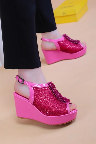 Bross Fuşya Renk Taşlı Bayan Sandalet - 4