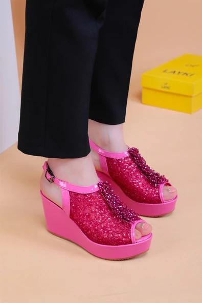 Bross Fuşya Renk Taşlı Bayan Sandalet - 3