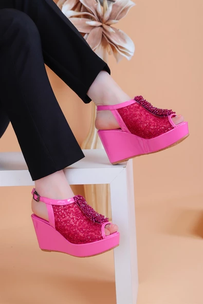 Bross Fuşya Renk Taşlı Bayan Sandalet - 5