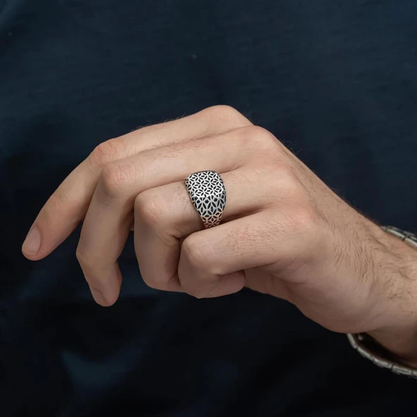 Desenli Taşsız 925 Gümüş Erkek Yüzük - 5