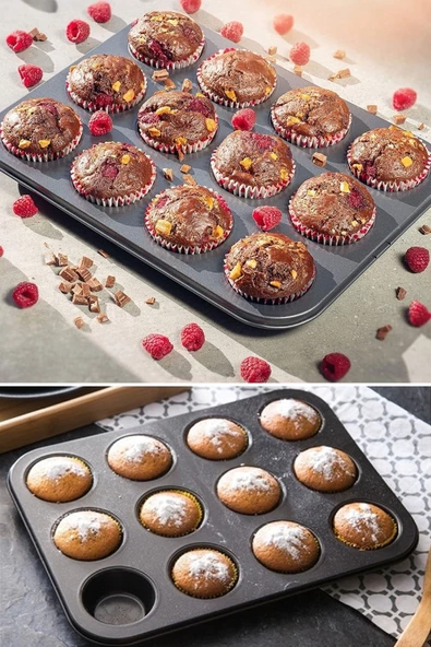 Muffin Kalıbı 24'lü Mini + 12'li Büyük Cupcake Kek Kapsülü Yanmaz Yapışmaz Baking Pan Fırın Kalıbı - 2
