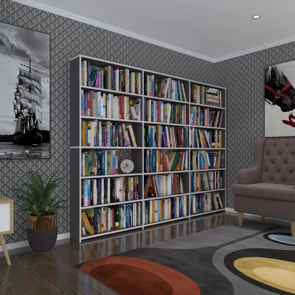 Kenzlife kitaplık süper ga 180*240*19 gri 6 katlı 3 bölme çift bölme opsiyonlu ofis mutfak banyo dolabı arkalıksız