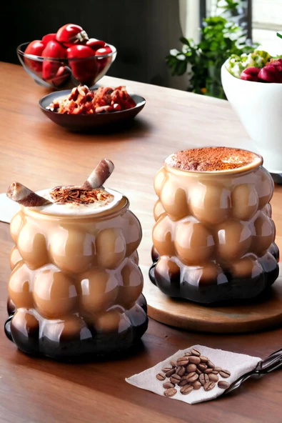 2li Boncuklu Bardak Meşrubat Su Kahve Sunum Bardağı Isıya Dayanıklı Borosilikat Cam Retro Bardaklar - 2