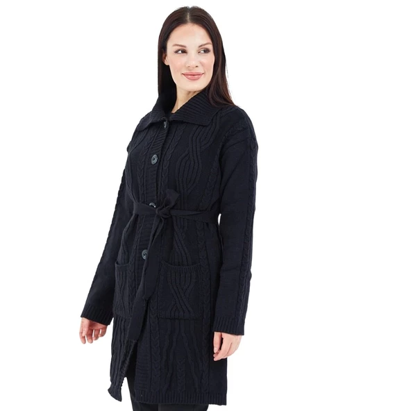 Kadın Siyah Yakalı Düğmeli Cepli Kuşaklı Örme Triko Yün Uzun Hırka - 4