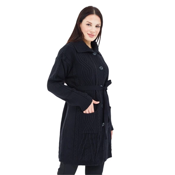 Kadın Siyah Yakalı Düğmeli Cepli Kuşaklı Örme Triko Yün Uzun Hırka - 2