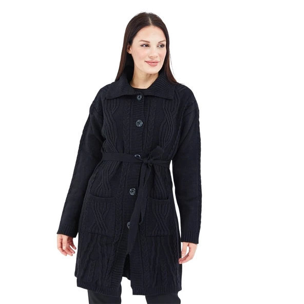 Kadın Siyah Yakalı Düğmeli Cepli Kuşaklı Örme Triko Yün Uzun Hırka - 3