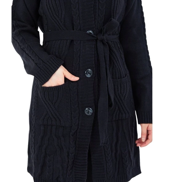 Kadın Siyah Yakalı Düğmeli Cepli Kuşaklı Örme Triko Yün Uzun Hırka - 6