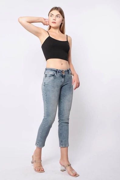 Kadın Düşük Bel Mavi Jean Pantolon - 3