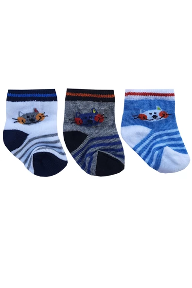 3lü Yenidoğan Erkek Bebek Çorap Pamuklu Renkli Desenli Mevsimlik - 2