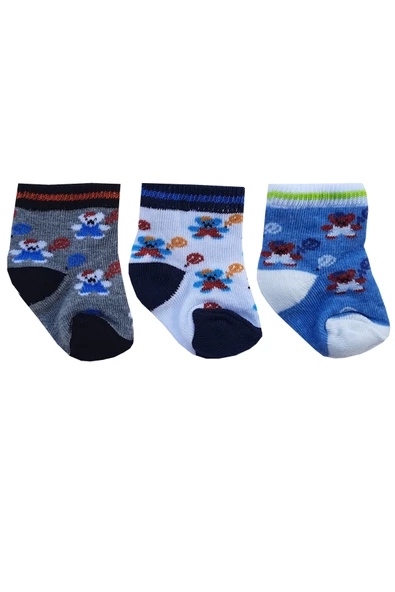 3lü Yenidoğan Erkek Bebek Çorap Pamuklu Renkli Desenli Mevsimlik - 3