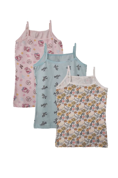 Kota 3lü Kız Çocuk İp Askılı Desenli Atlet Pamuklu Fanila - 4