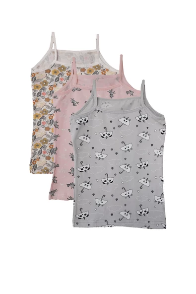 Kota 3lü Kız Çocuk İp Askılı Desenli Atlet Pamuklu Fanila - 2