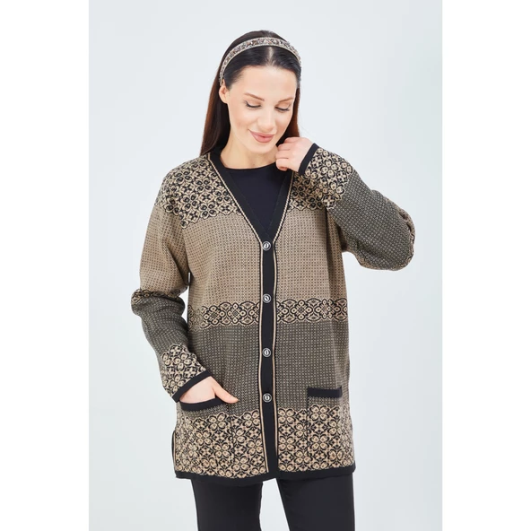 Kadın Vizon Renk Desenli Triko Düğmeli Cepli Kışlık Anne Hırkası - 3