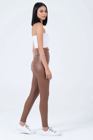 Kadın Deri Tayt Şardonlu Yüksek Bel Toparlayıcı Esnek Rahat - 9