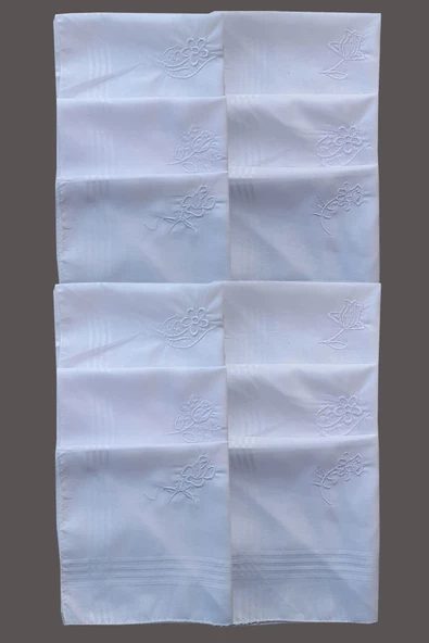 Beyaz Çiçek İşlemeli Bayan Mendili 12 Adet 28x28 cm 100 Pamuk - 3