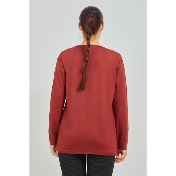 Kadın Kiremit Likralı Orta Yaş Anne Penye Bluz - 6