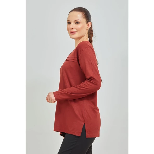 Kadın Kiremit Likralı Orta Yaş Anne Penye Bluz - 4