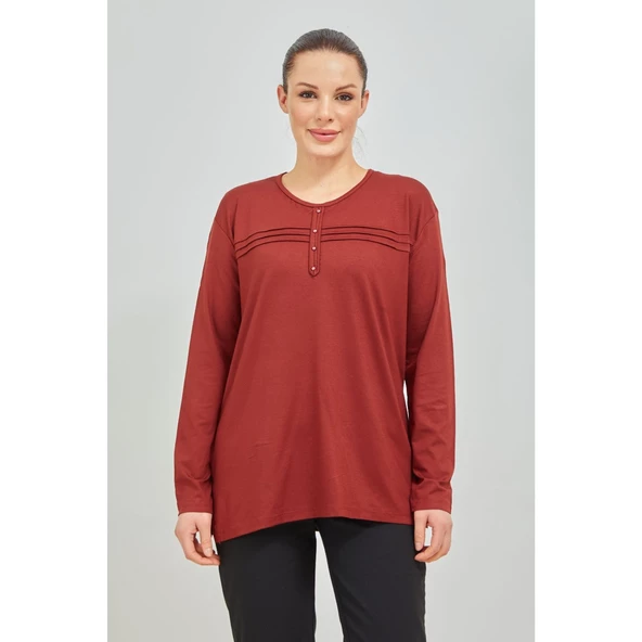 Kadın Kiremit Likralı Orta Yaş Anne Penye Bluz