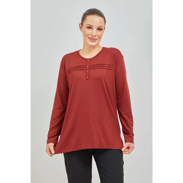 Kadın Kiremit Likralı Orta Yaş  Anne Penye Bluz - 3