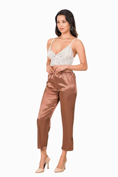 Kadın İp Askılı Bralet Saten Pantolon Pijama Takımı AltÜst Gecelik - 8
