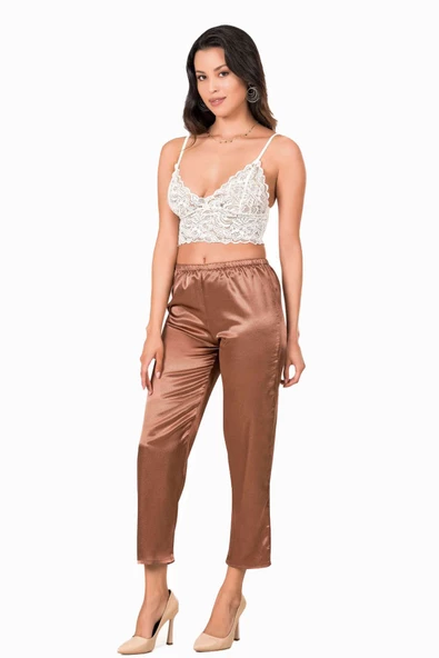 Kadın İp Askılı Bralet Saten Pantolon Pijama Takımı AltÜst Gecelik - 2