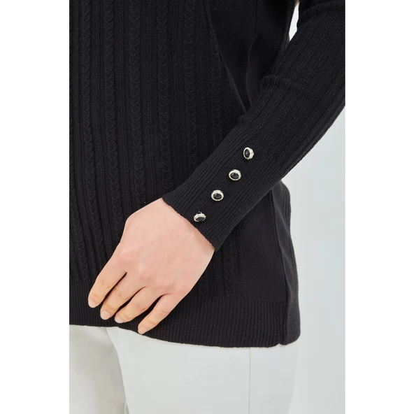 Anne Kazak Siyah Merserize Esnek Likralı Düğme Detaylı Bluz Kazak - 3