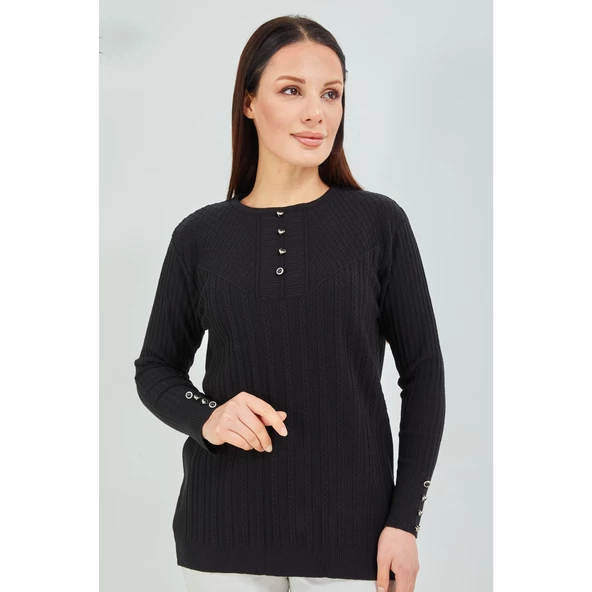 Anne Kazak Siyah Merserize Esnek Likralı Düğme Detaylı Bluz Kazak - 2