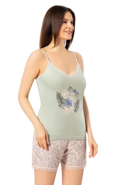 Kadın İp Askılı Şortlu Pijama Takımı Baskılı Pamuklu 7000 - 2