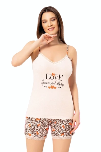 Kadın İp Askılı Şortlu Pijama Takımı Baskılı Pamuklu 7000 - 6
