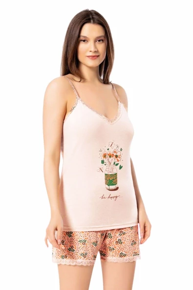 Kadın İp Askılı Şortlu Pijama Takımı Baskılı Pamuklu 7000 - 4
