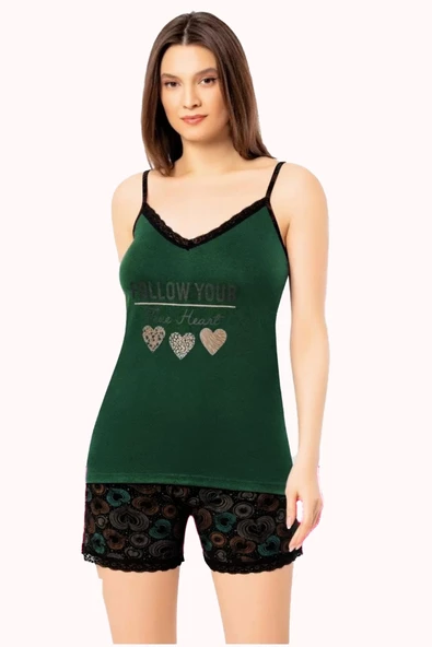 Kadın İp Askılı Şortlu Pijama Takımı Baskılı Pamuklu 7000 - 3