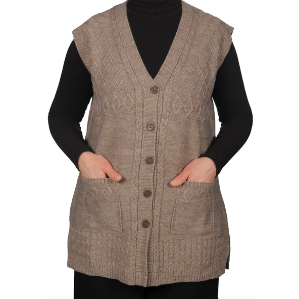 Büyük Beden Kadın Hakı Yeşil Düğmeli Yelek - 8