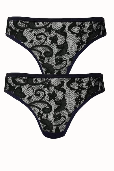 2li Kadın Önü Dantel Bikini Arkası Düz İnce Lastik Ekonomik - 2