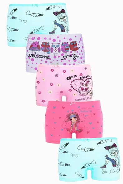 5li Kız Çocuk Boxer Pamuklu Likralı Empirme Eğlenceli Rahat 3072 - 2