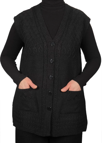 Kadın Koyu Krem Düğmeli Yelek - 5