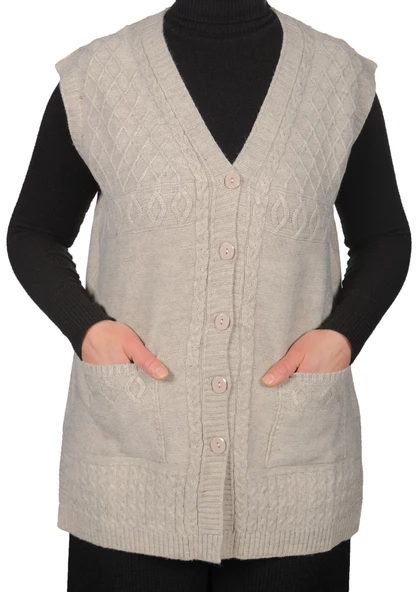 Kadın Koyu Krem Düğmeli Yelek - 9