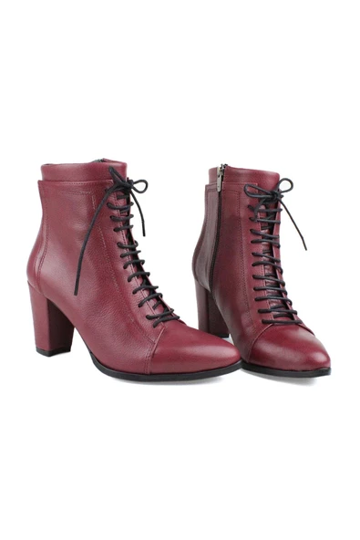 Hakiki Deri Kadın Bot Fermuarlı Bağcıklı Topuklu Bootie ürün görseli 1