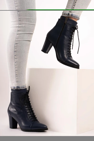 Hakiki Deri Kadın Bot Fermuarlı Bağcıklı Topuklu Bootie - Resim 11