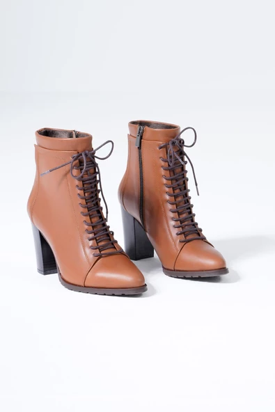 Hakiki Deri Kadın Bot Fermuarlı Bağcıklı Topuklu Bootie - Resim 7