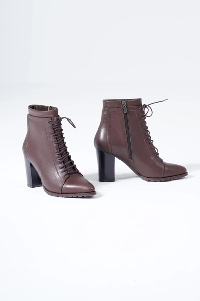 Hakiki Deri Kadın Bot Fermuarlı Bağcıklı Topuklu Bootie - Resim 10