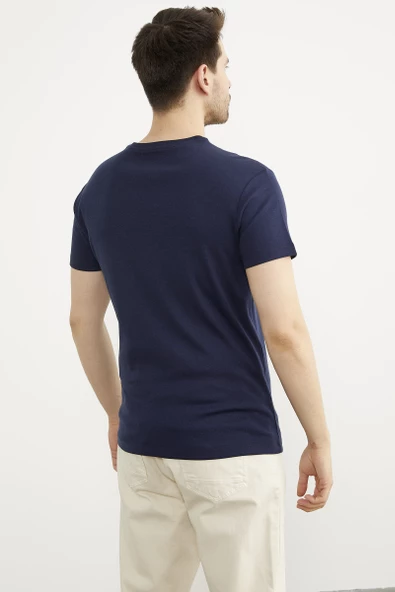 Baskılı Sıfır Yaka Pamuk Tişört - Lacivert - Resim 4