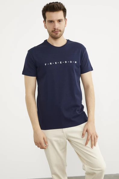 Baskılı Sıfır Yaka Pamuk Tişört - Lacivert ürün görseli 1