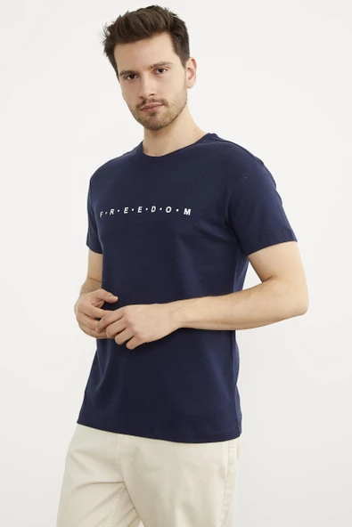 Baskılı Sıfır Yaka Pamuk Tişört - Lacivert - Resim 3