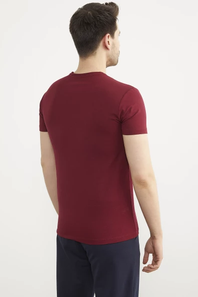 V Yaka Basic Kısa Kol Tişört - Bordo - Resim 4