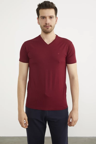 V Yaka Basic Kısa Kol Tişört - Bordo ürün görseli 1