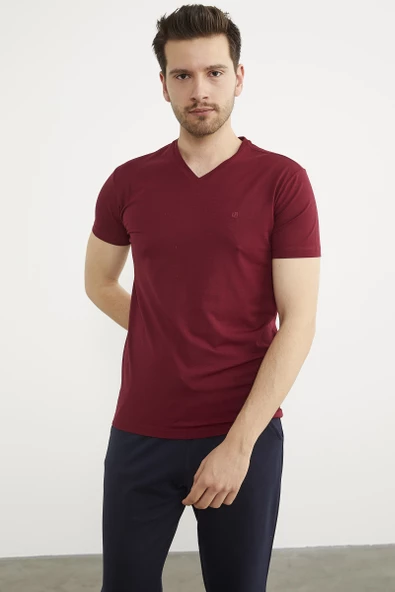 V Yaka Basic Kısa Kol Tişört - Bordo - Resim 2